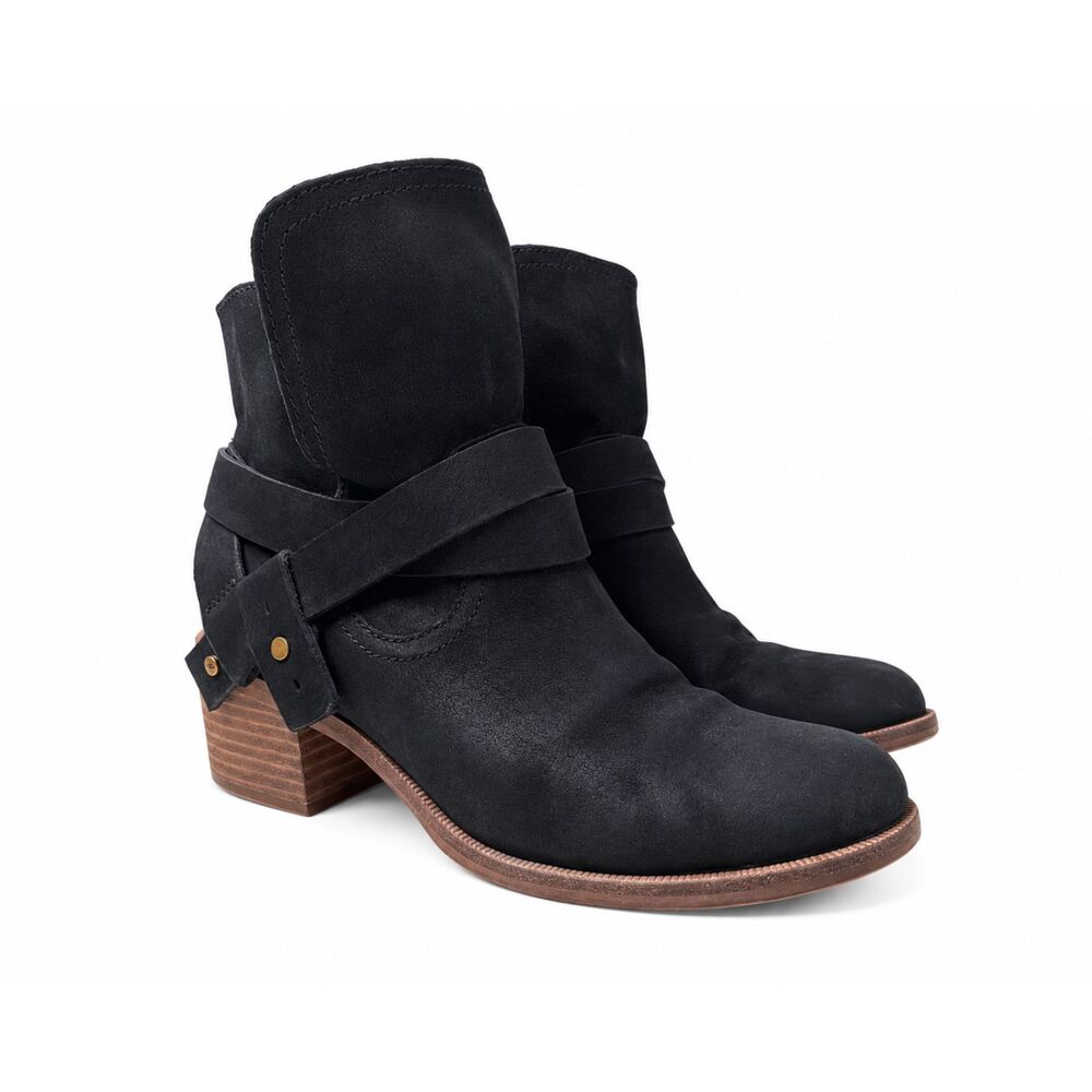 UGG Elora Black Suede Ankle Boots Size 8 Wrap Strap Block Heel Booties Excellent